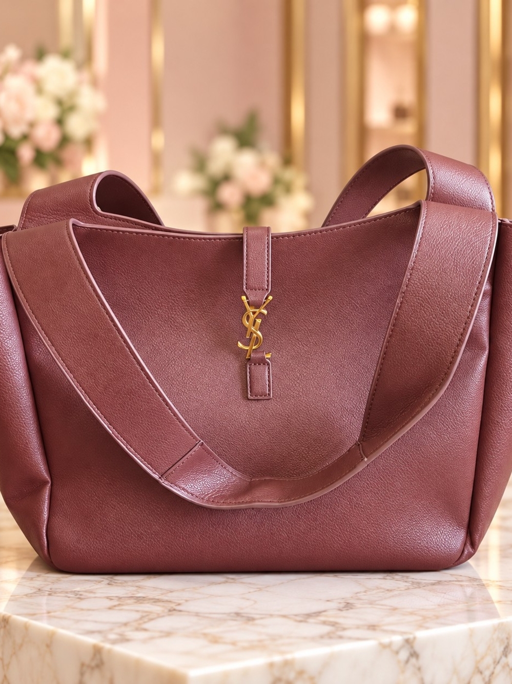 Burgundy Leather Tote with Gold Logo Accent